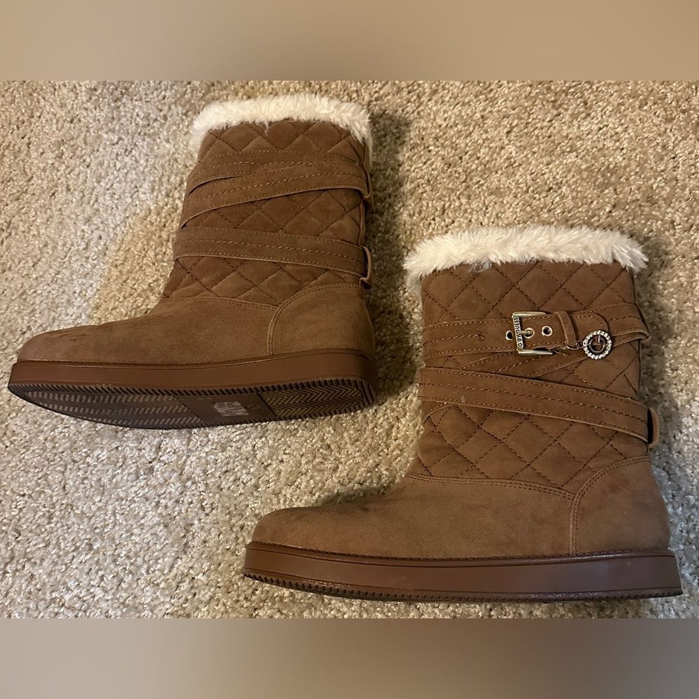 G by Guess Women's Tan Suede Winter Boots with Cream Faux Fur Cuff